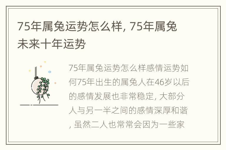 75年属兔运势怎么样，75年属兔未来十年运势