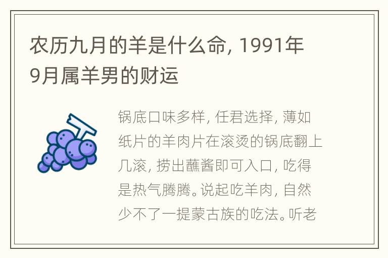 农历九月的羊是什么命，1991年9月属羊男的财运