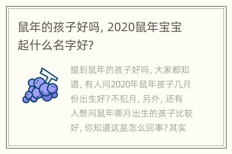 鼠年的孩子好吗，2020鼠年宝宝起什么名字好？