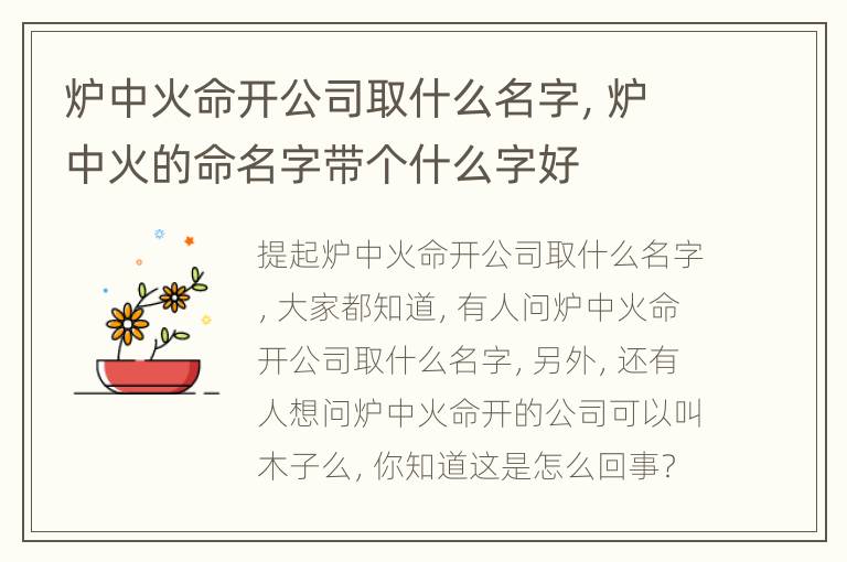 炉中火命开公司取什么名字，炉中火的命名字带个什么字好