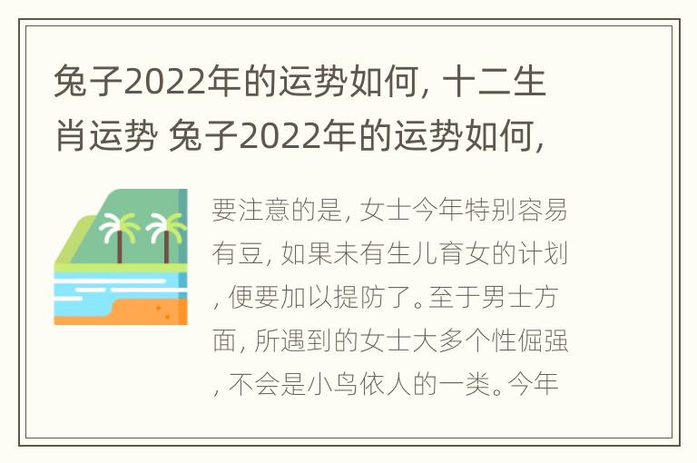 兔子2022年的运势如何，十二生肖运势 兔子2022年的运势如何,十二生肖运势怎么样