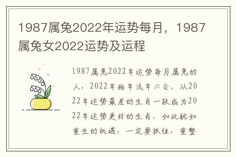 1987属兔2022年运势每月，1987属兔女2022运势及运程