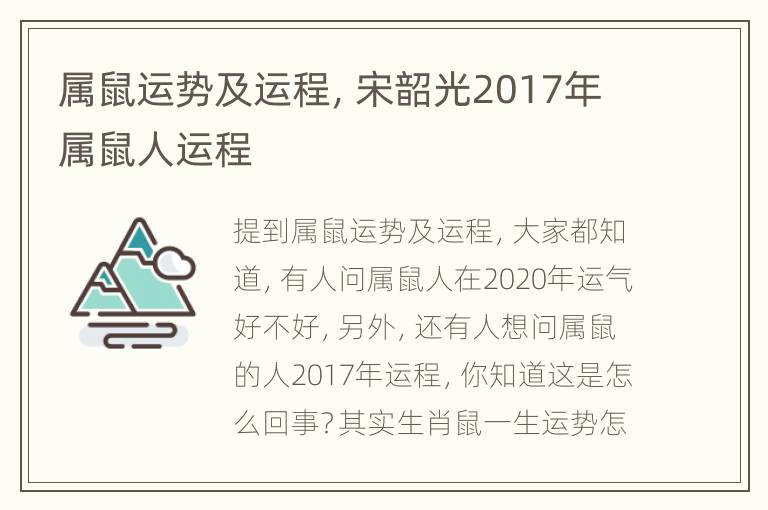 属鼠运势及运程，宋韶光2017年属鼠人运程