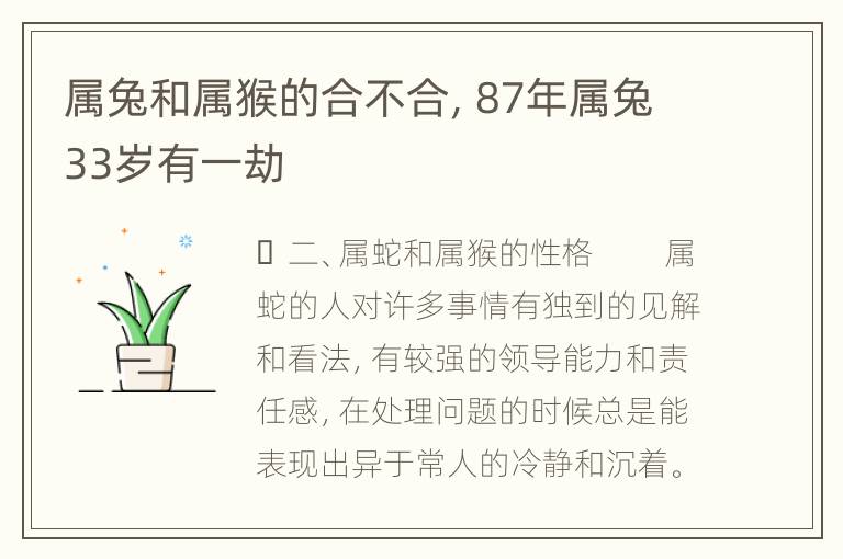 属兔和属猴的合不合，87年属兔33岁有一劫