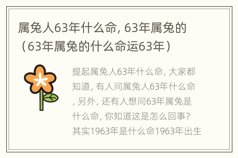 属兔人63年什么命，63年属兔的（63年属兔的什么命运63年）