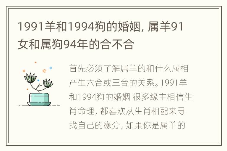 1991羊和1994狗的婚姻，属羊91女和属狗94年的合不合