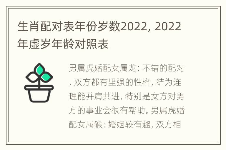 生肖配对表年份岁数2022，2022年虚岁年龄对照表