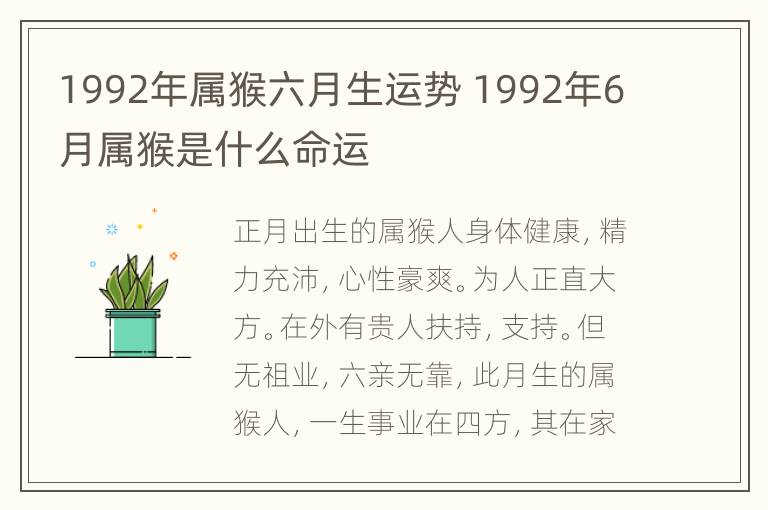 1992年属猴六月生运势 1992年6月属猴是什么命运