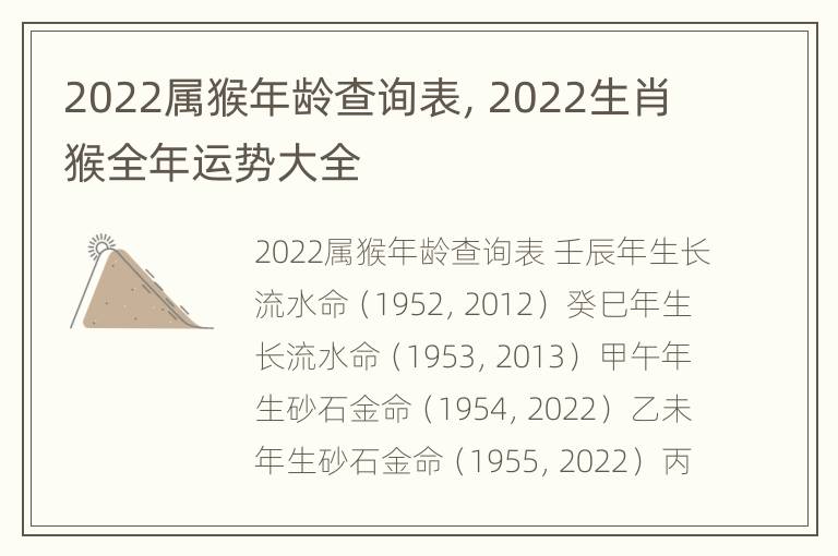 2022属猴年龄查询表，2022生肖猴全年运势大全