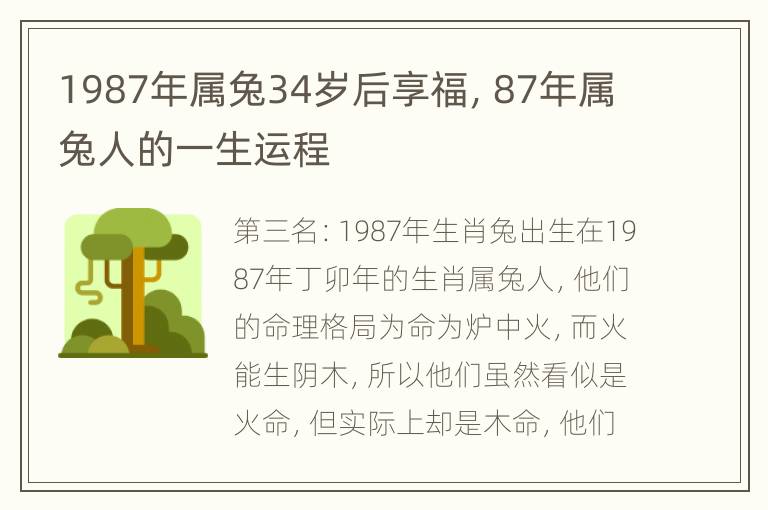 1987年属兔34岁后享福，87年属兔人的一生运程