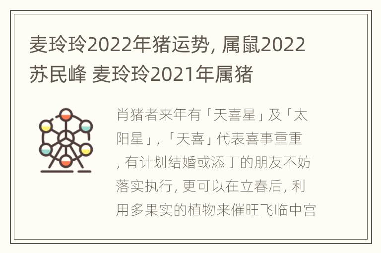 麦玲玲2022年猪运势，属鼠2022苏民峰 麦玲玲2021年属猪