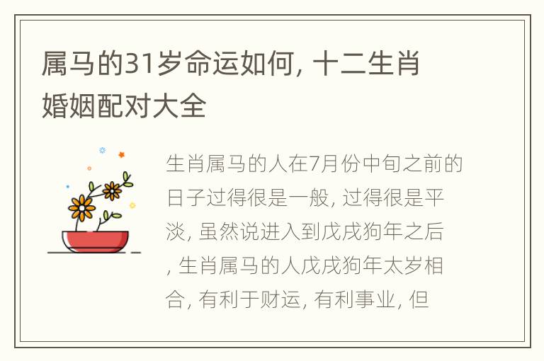 属马的31岁命运如何，十二生肖婚姻配对大全