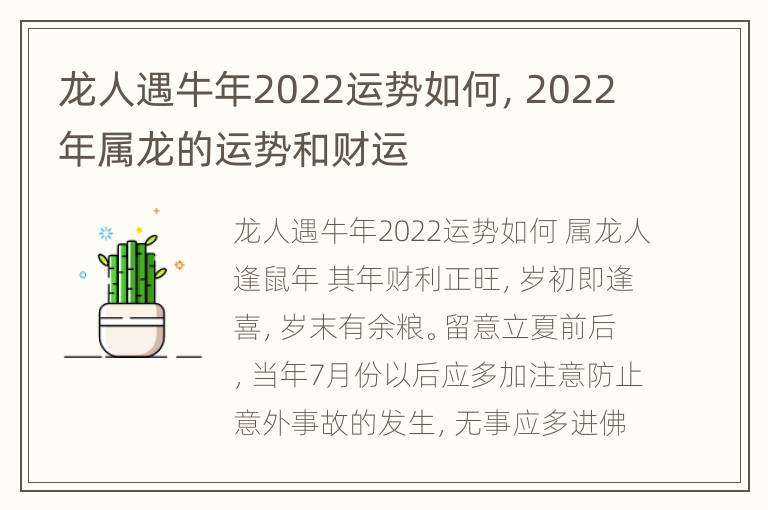 龙人遇牛年2022运势如何，2022年属龙的运势和财运