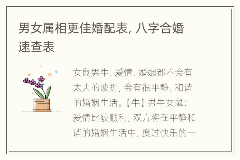 男女属相更佳婚配表，八字合婚速查表