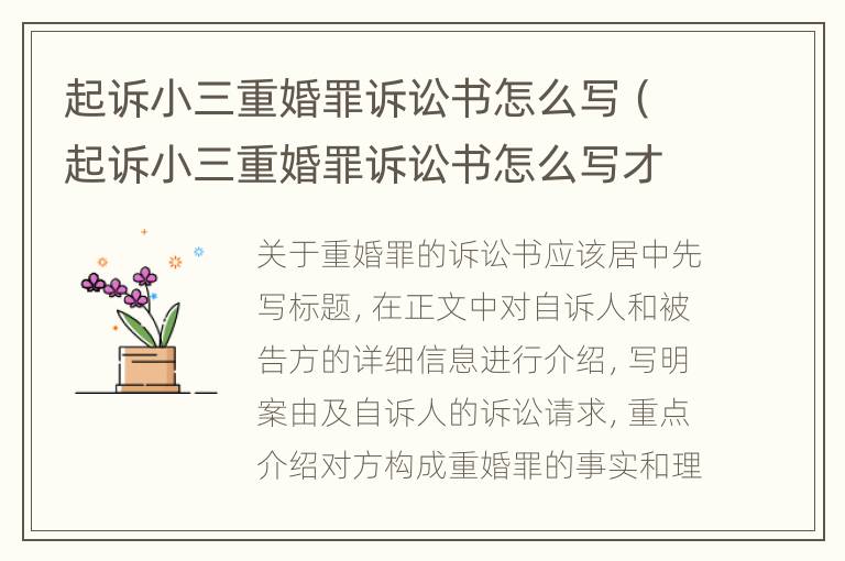 起诉小三重婚罪诉讼书怎么写（起诉小三重婚罪诉讼书怎么写才有效）