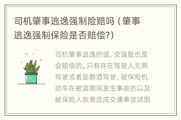 司机肇事逃逸强制险赔吗（肇事逃逸强制保险是否赔偿?）