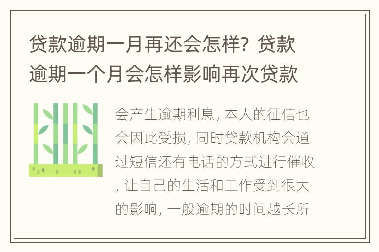 贷款逾期一月再还会怎样？ 贷款逾期一个月会怎样影响再次贷款吗