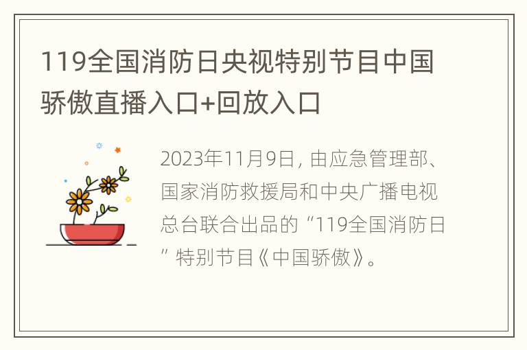 119全国消防日央视特别节目中国骄傲直播入口+回放入口