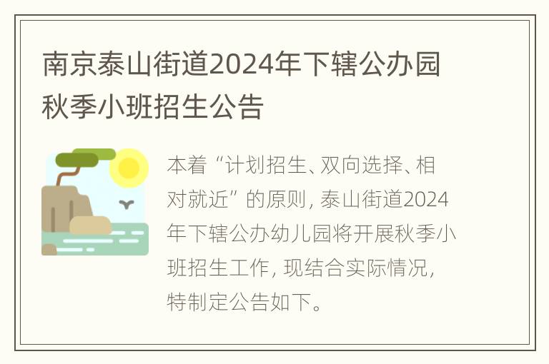 南京泰山街道2024年下辖公办园秋季小班招生公告