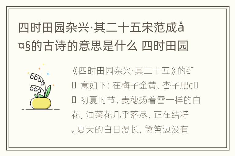 四时田园杂兴·其二十五宋范成大的古诗的意思是什么 四时田园杂兴范成大古诗