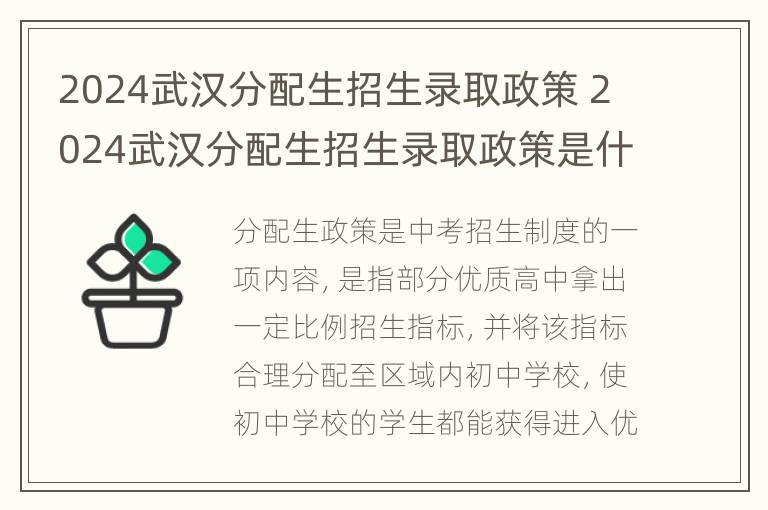 2024武汉分配生招生录取政策 2024武汉分配生招生录取政策是什么