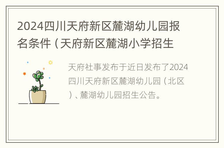 2024四川天府新区麓湖幼儿园报名条件（天府新区麓湖小学招生简章）