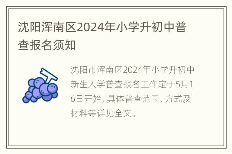 沈阳浑南区2024年小学升初中普查报名须知