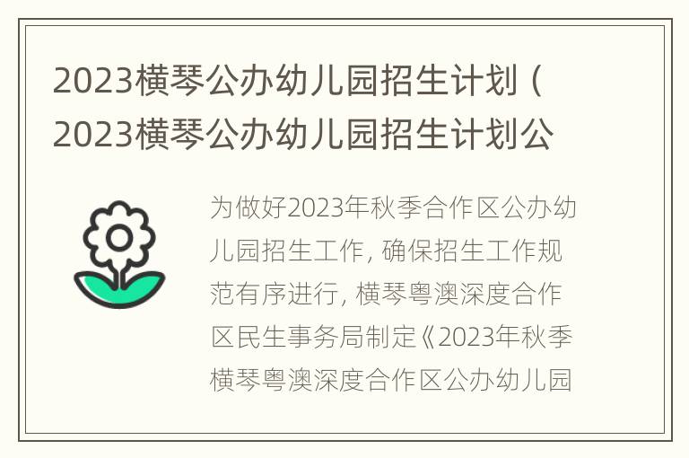 2023横琴公办幼儿园招生计划（2023横琴公办幼儿园招生计划公布）