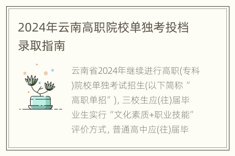 2024年云南高职院校单独考投档录取指南