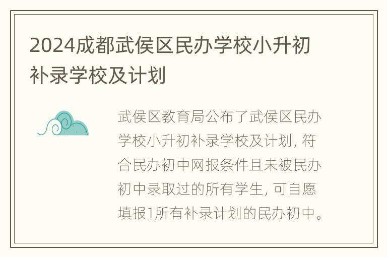 2024成都武侯区民办学校小升初补录学校及计划