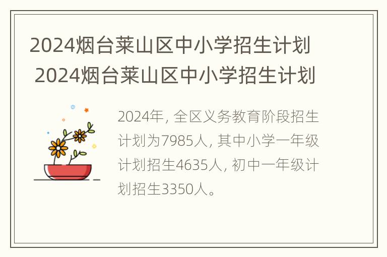 2024烟台莱山区中小学招生计划 2024烟台莱山区中小学招生计划是多少