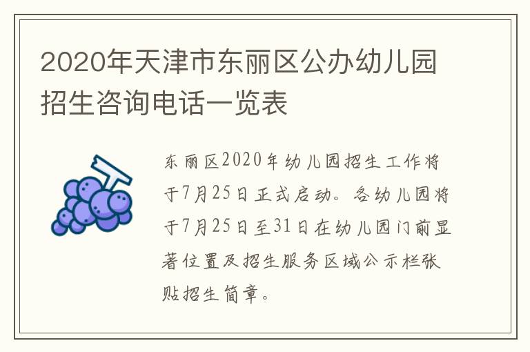 2020年天津市东丽区公办幼儿园招生咨询电话一览表