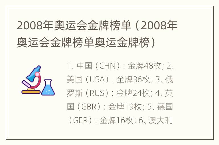 2008年奥运会金牌榜单（2008年奥运会金牌榜单奥运金牌榜）