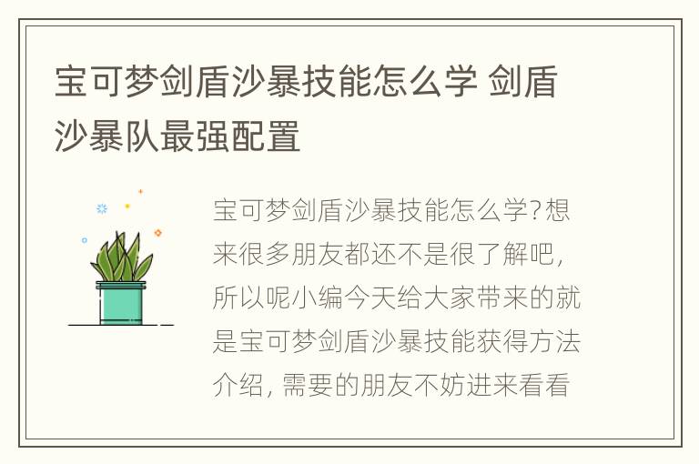 宝可梦剑盾沙暴技能怎么学 剑盾沙暴队最强配置