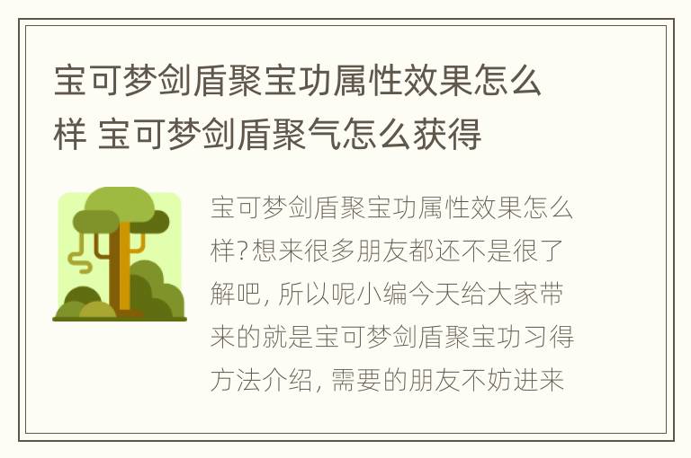 宝可梦剑盾聚宝功属性效果怎么样 宝可梦剑盾聚气怎么获得