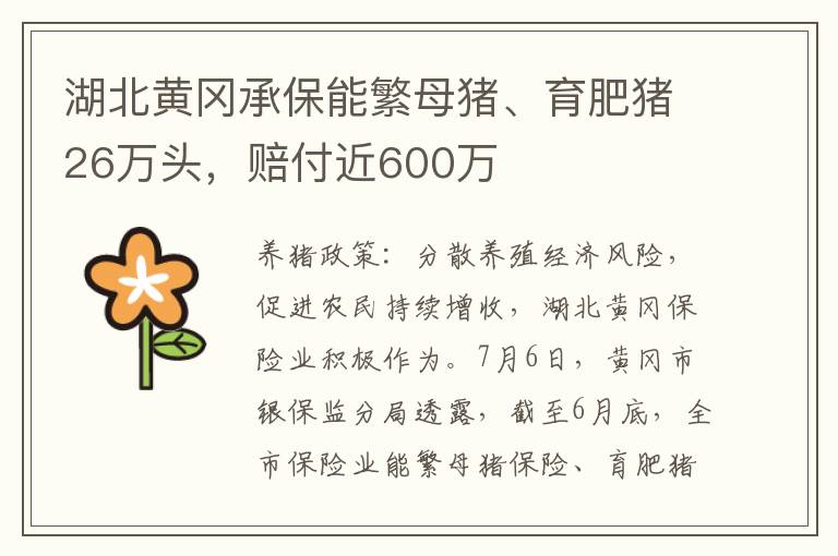 湖北黄冈承保能繁母猪、育肥猪26万头，赔付近600万