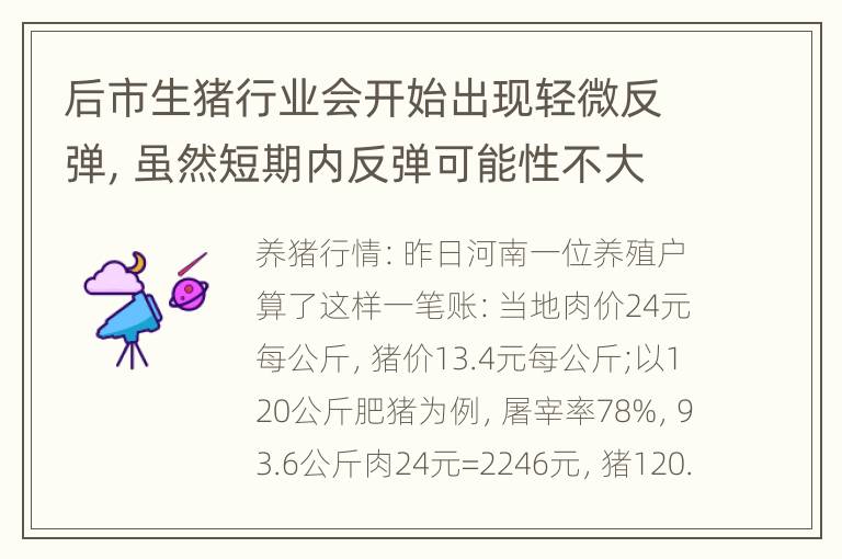 后市生猪行业会开始出现轻微反弹，虽然短期内反弹可能性不大