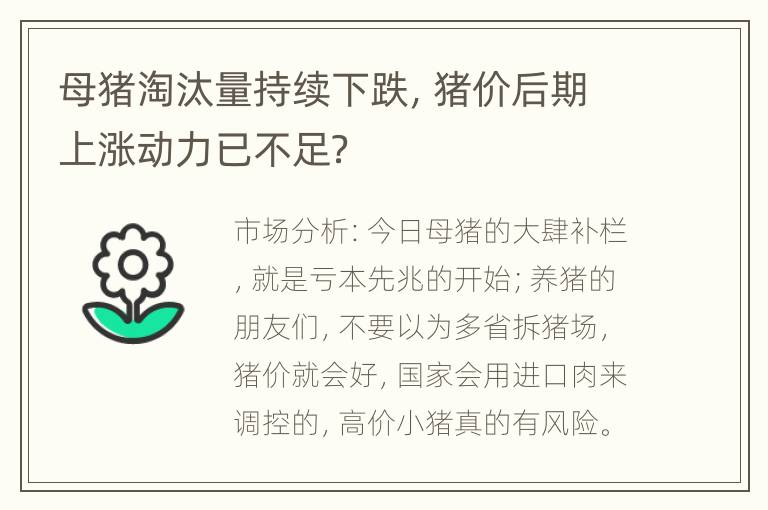 母猪淘汰量持续下跌，猪价后期上涨动力已不足？