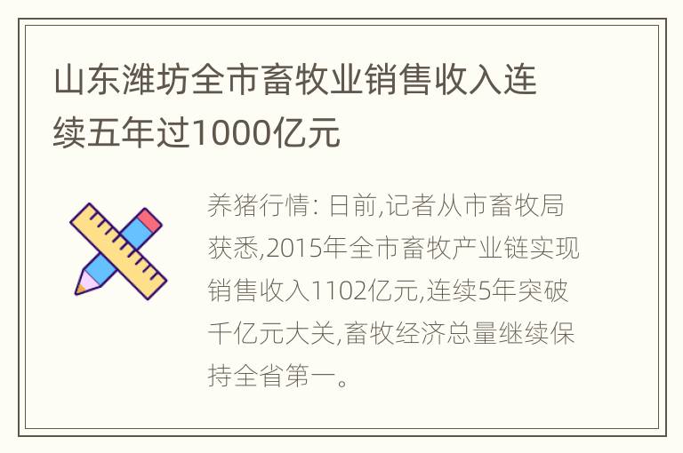 山东潍坊全市畜牧业销售收入连续五年过1000亿元