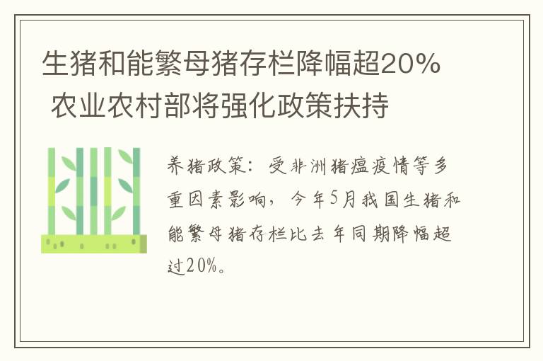 生猪和能繁母猪存栏降幅超20%  农业农村部将强化政策扶持