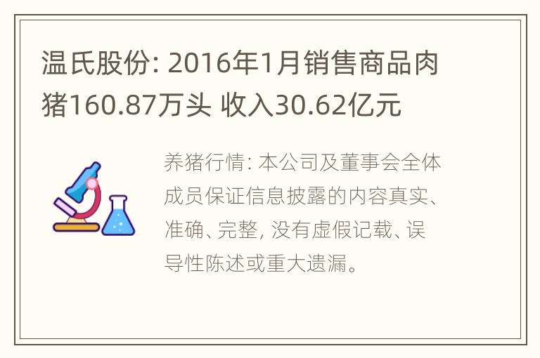 温氏股份：2016年1月销售商品肉猪160.87万头 收入30.62亿元