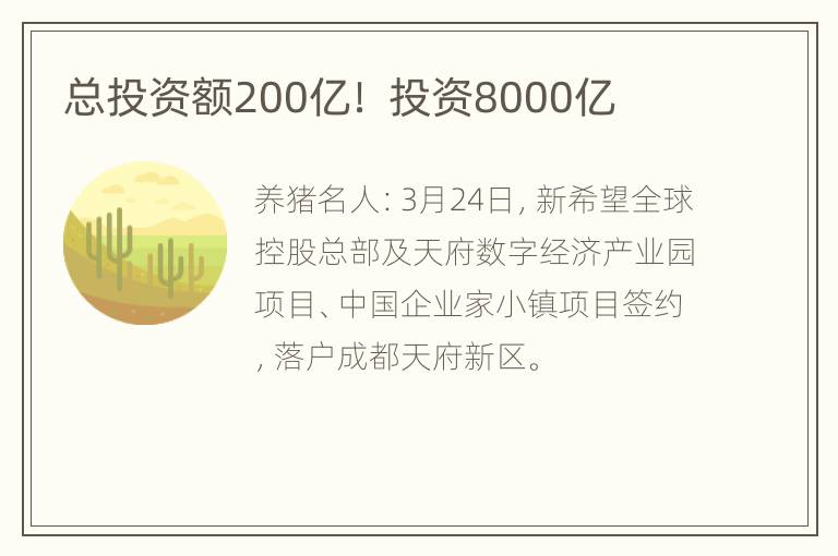 总投资额200亿！ 投资8000亿