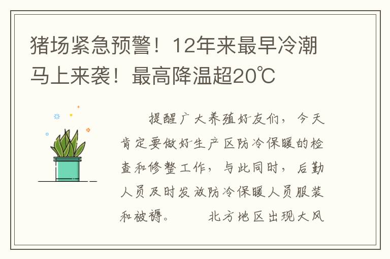 猪场紧急预警！12年来最早冷潮马上来袭！最高降温超20℃