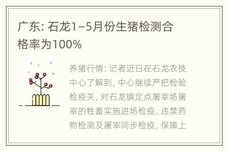 广东：石龙1—5月份生猪检测合格率为100%