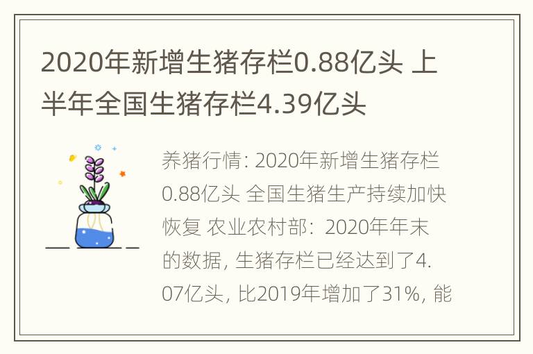 2020年新增生猪存栏0.88亿头 上半年全国生猪存栏4.39亿头