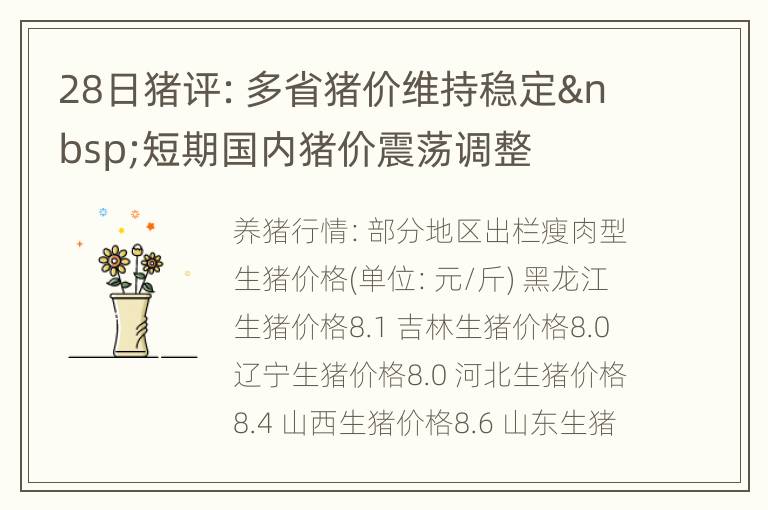 28日猪评：多省猪价维持稳定 短期国内猪价震荡调整