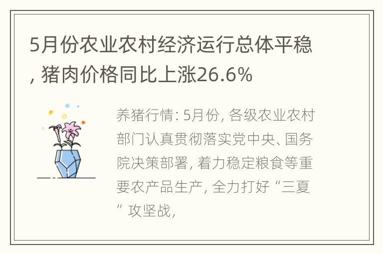 5月份农业农村经济运行总体平稳，猪肉价格同比上涨26.6%