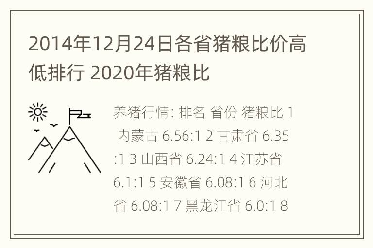 2014年12月24日各省猪粮比价高低排行 2020年猪粮比