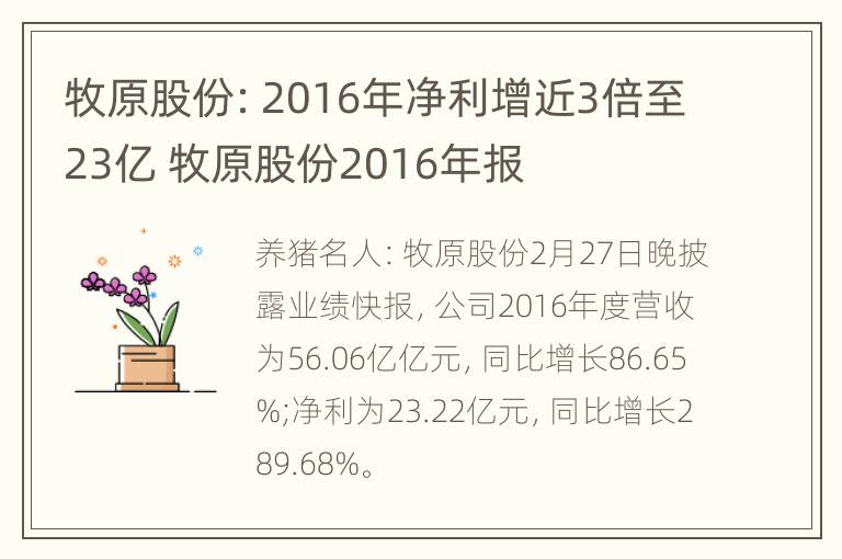 牧原股份：2016年净利增近3倍至23亿 牧原股份2016年报