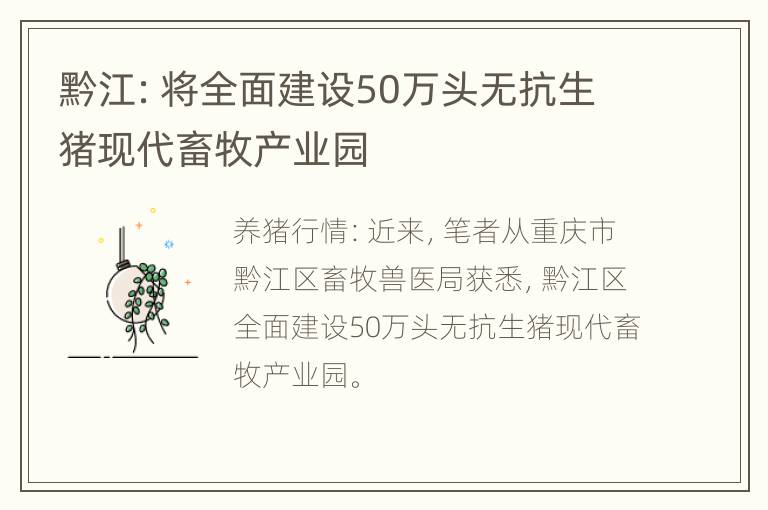 黔江：将全面建设50万头无抗生猪现代畜牧产业园